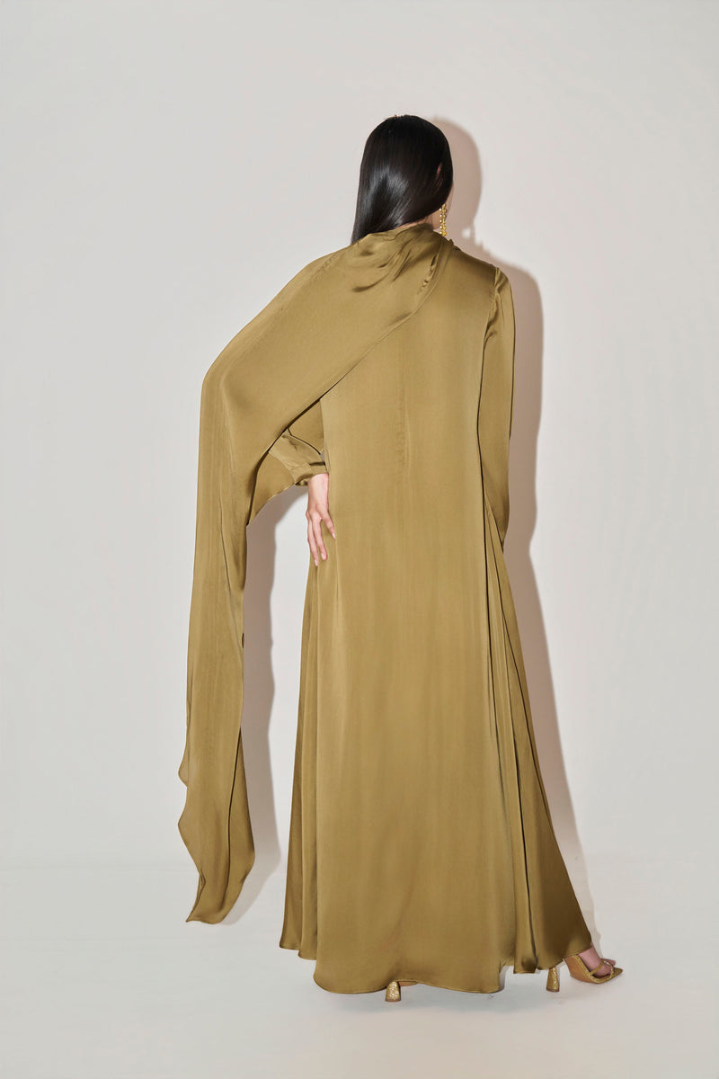 Olive Green Kaftan With Side Cape