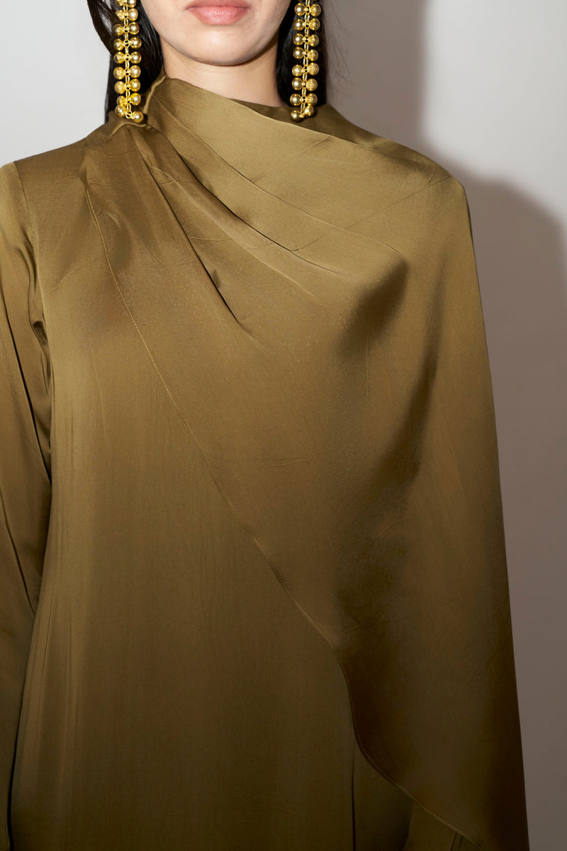 Olive Green Kaftan With Side Cape