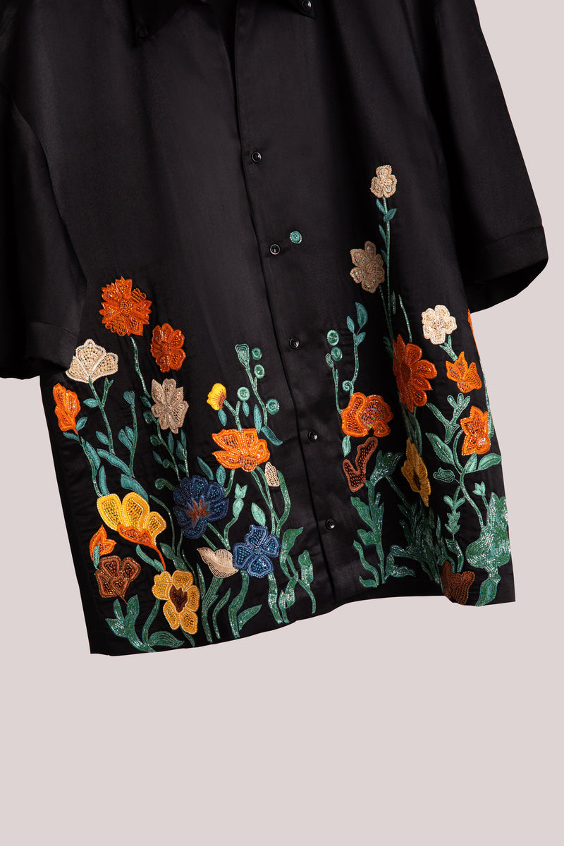 Black Embellished Men's Satin Shirt