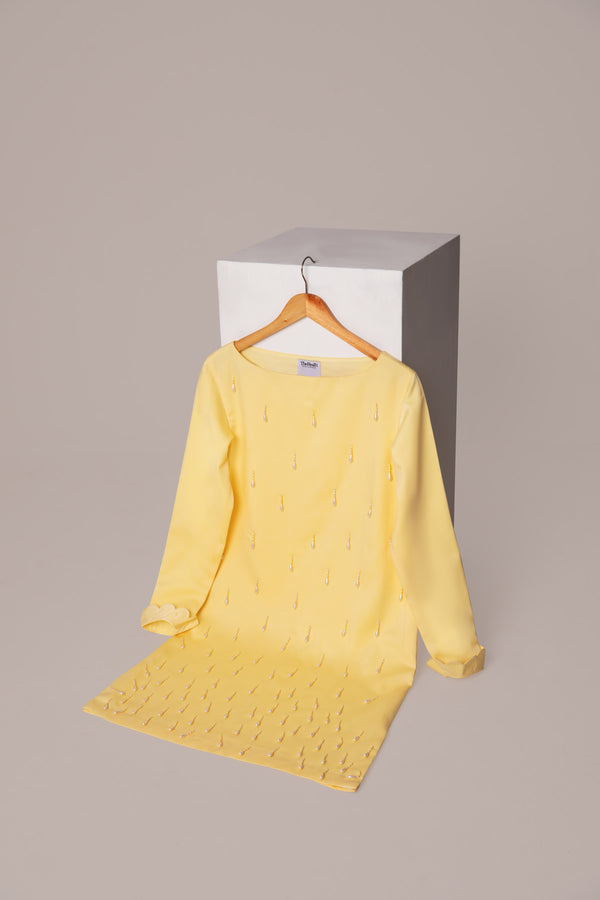 BUTTER YELLOW EMBELLISHED ROUND NECK WOMEN'S DRESS