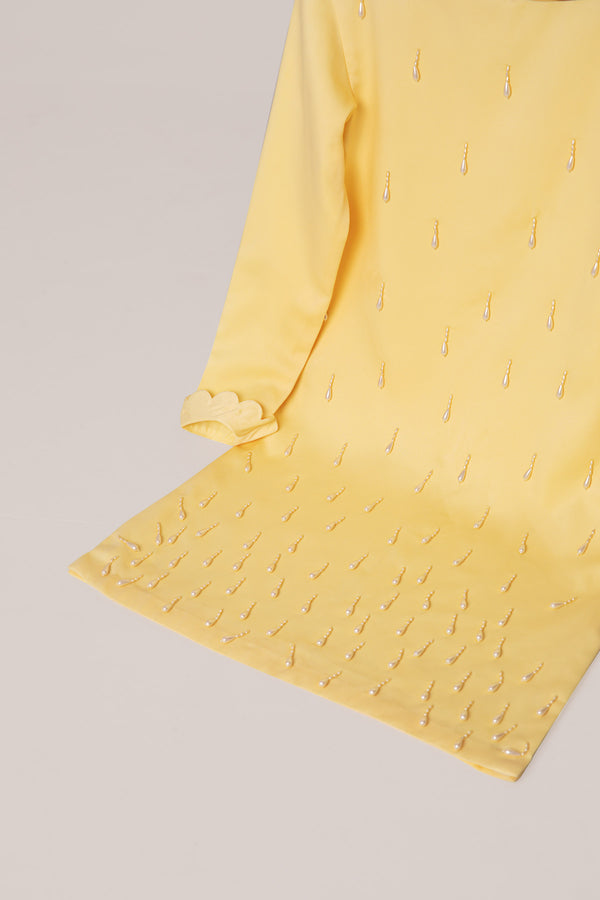 BUTTER YELLOW EMBELLISHED ROUND NECK WOMEN'S DRESS