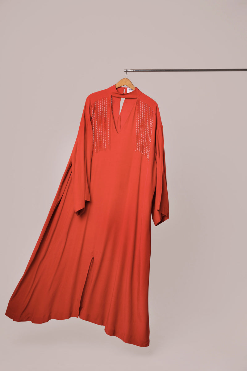 RED KAFTAN STYLE DRESS WITH EMBELLISHMENTS