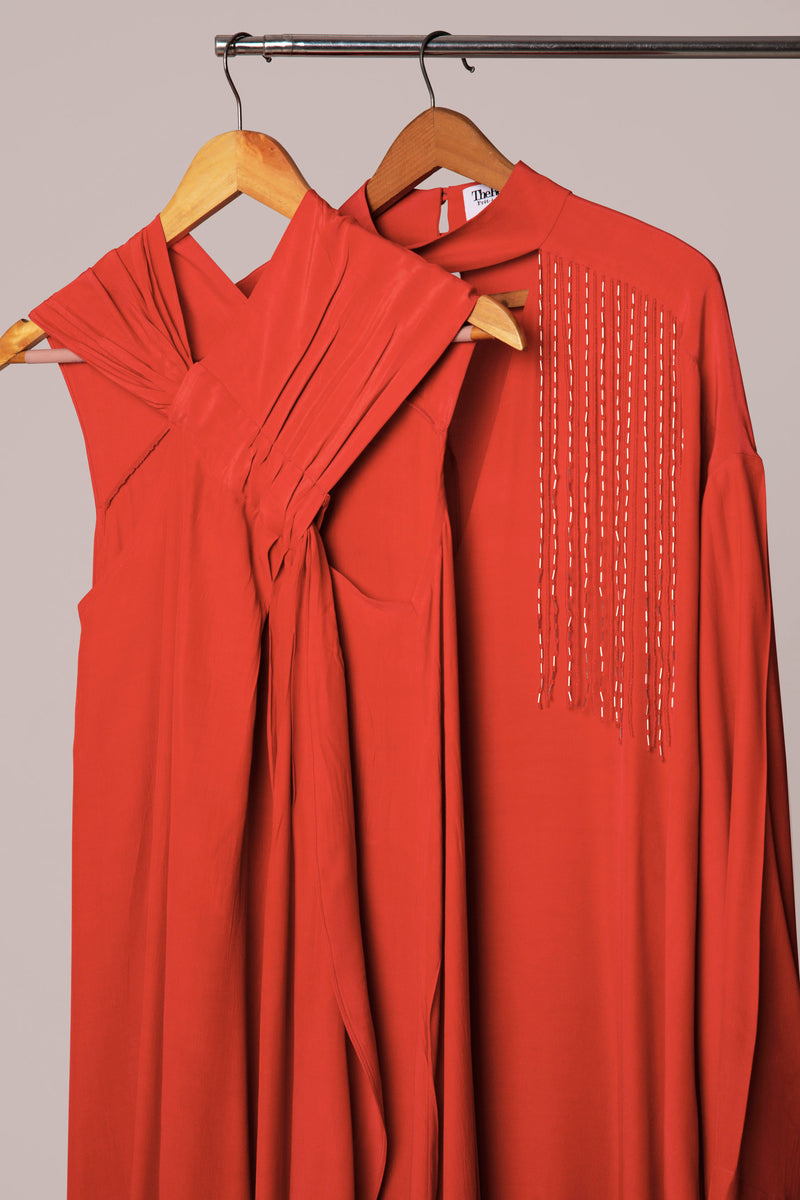 RED KAFTAN STYLE DRESS WITH EMBELLISHMENTS