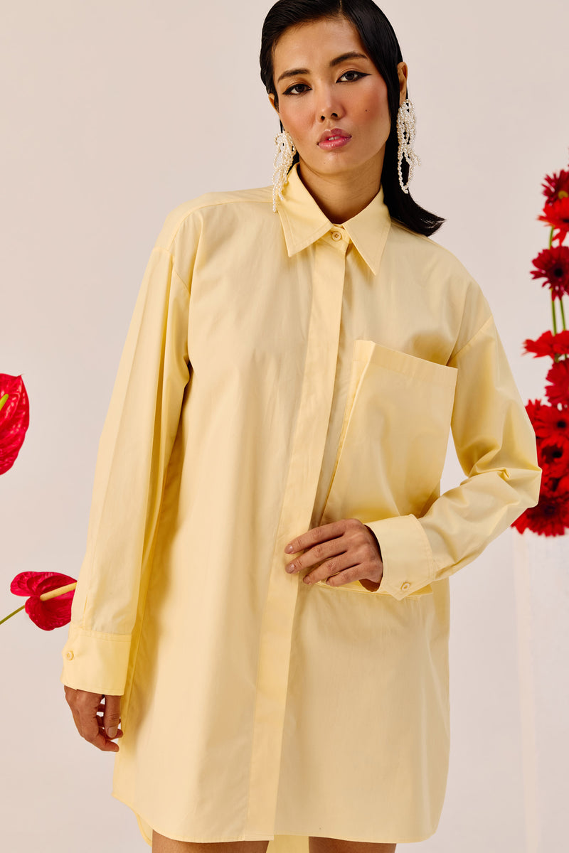 Light Yellow Oversized Cotton Shirt Dress