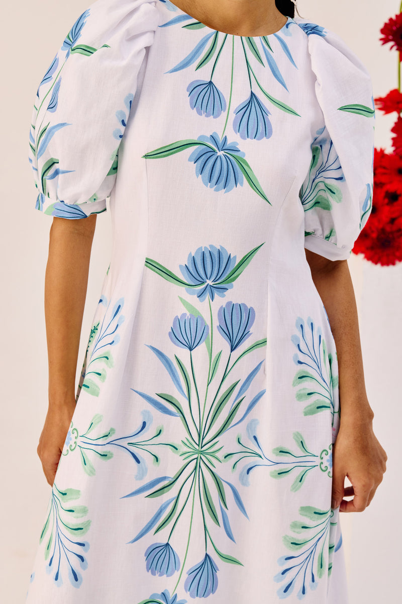 White Linen Floral Puff Sleeve Midi Dress