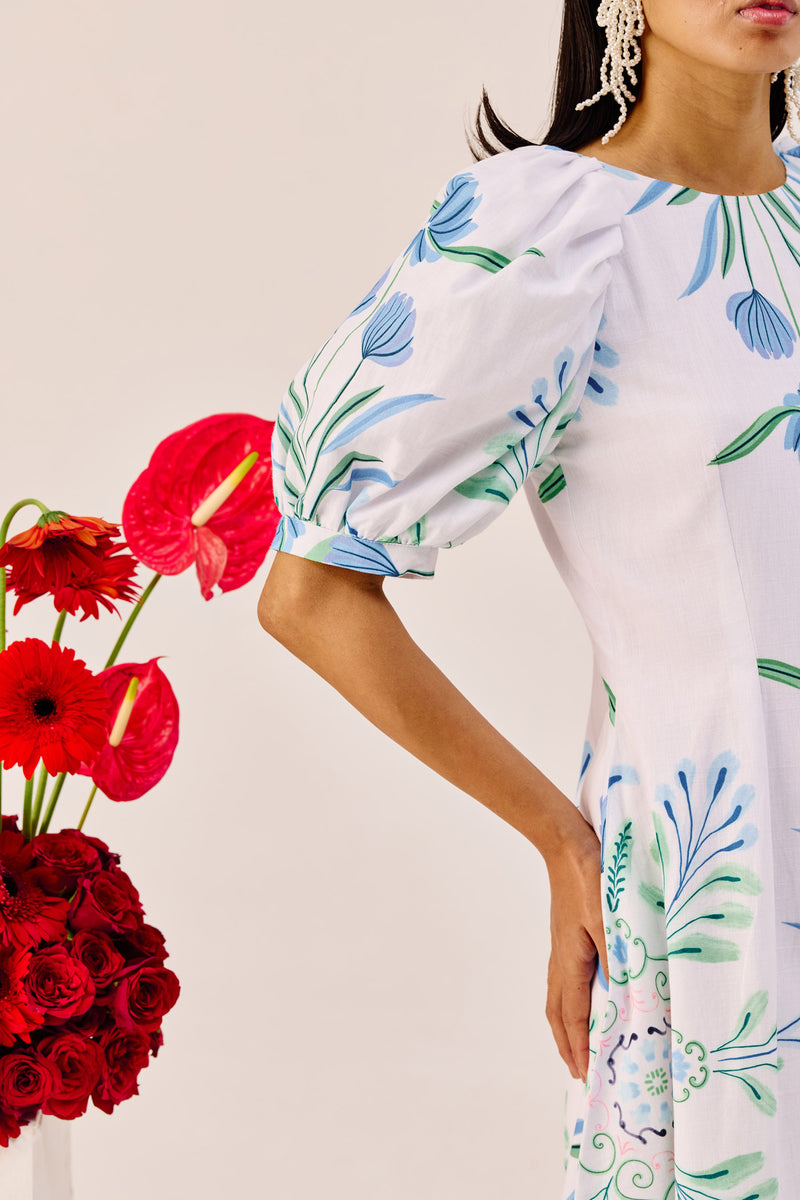 White Linen Floral Puff Sleeve Midi Dress