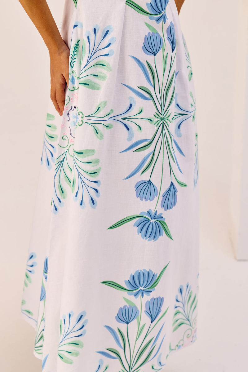 White Linen Floral Puff Sleeve Midi Dress