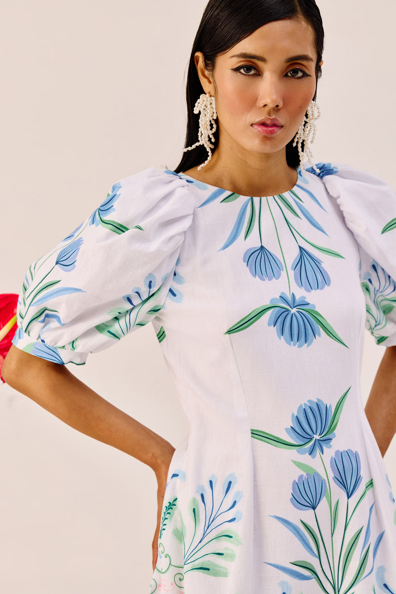 White Linen Floral Puff Sleeve Midi Dress