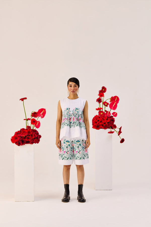 White Floral Print Cotton Bermuda Shorts