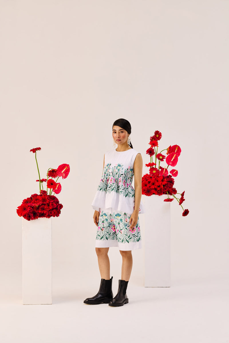 White Floral Print Cotton Bermuda Shorts