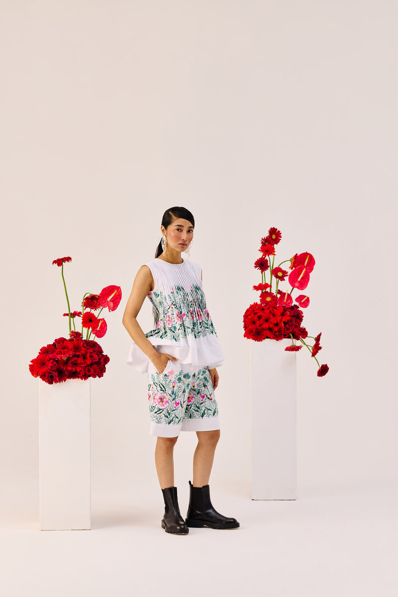 White Floral Print Cotton Bermuda Shorts