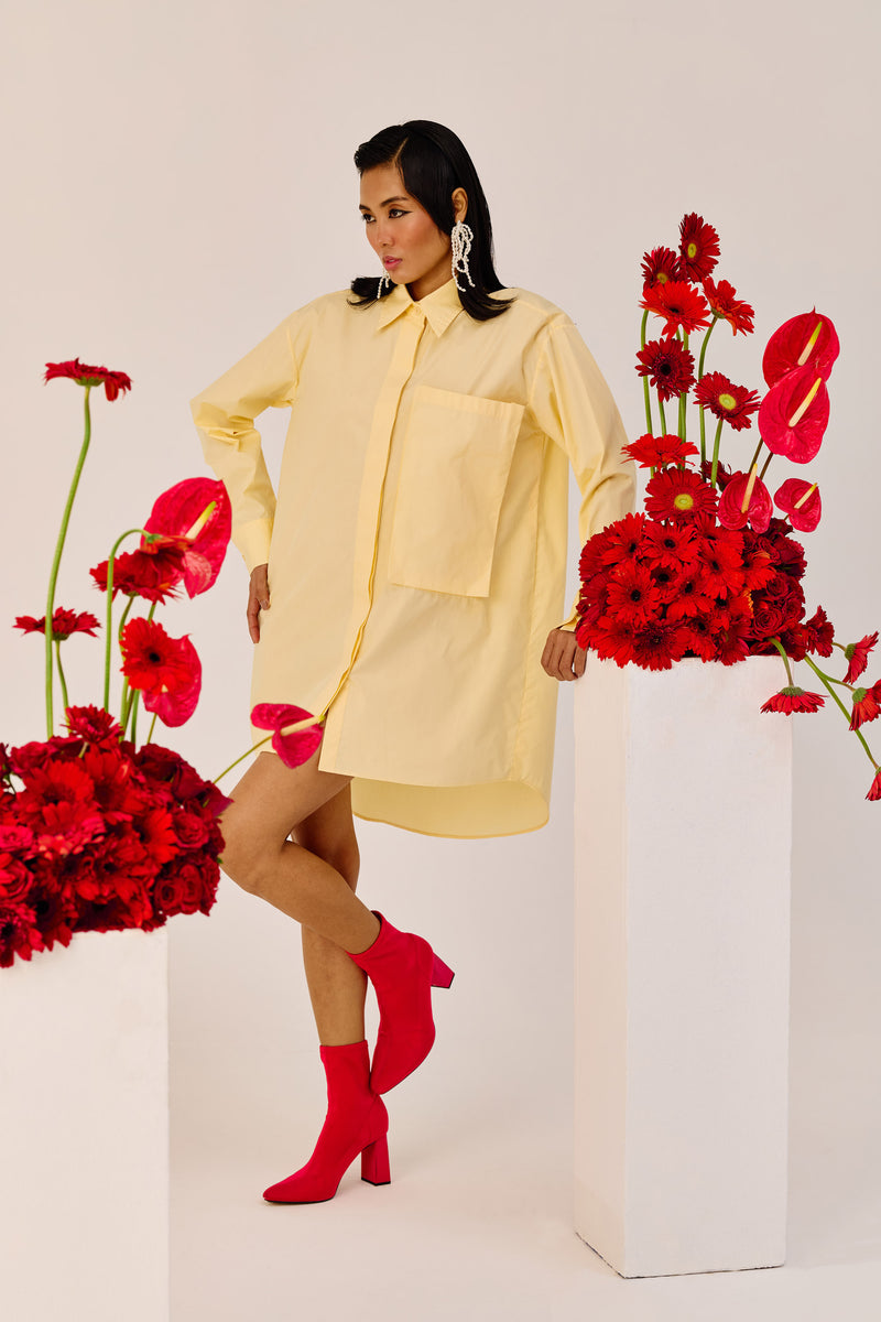 Light Yellow Oversized Cotton Shirt Dress