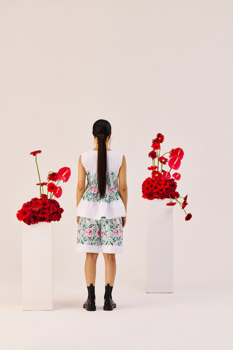 White Floral Print Cotton Bermuda Shorts