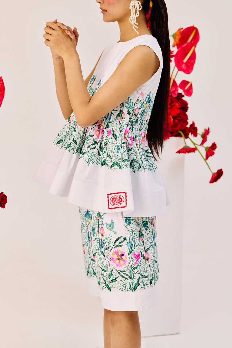 White Floral Print Cotton Bermuda Shorts