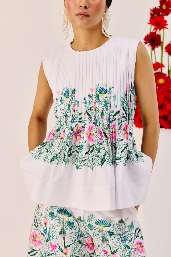 White Floral Print Cotton Peplum Top