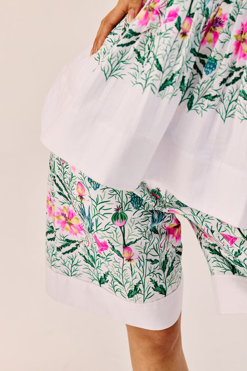 White Floral Print Cotton Bermuda Shorts