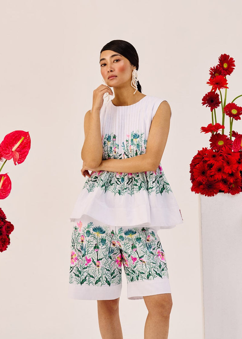 White Floral Print Cotton Bermuda Shorts