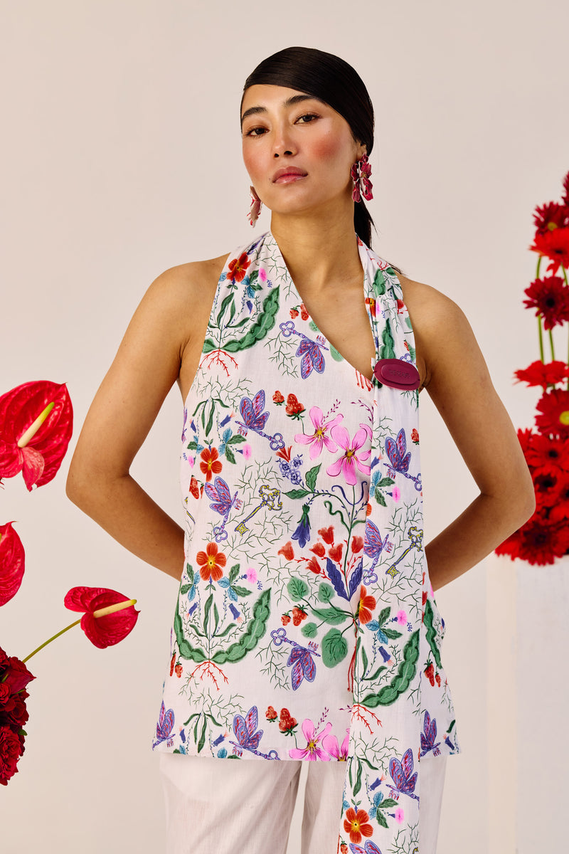 Floral Print Linen Halter Top