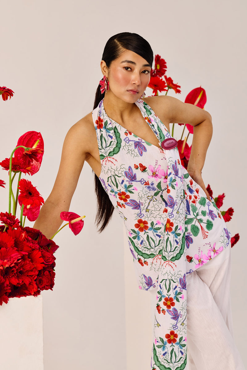 Floral Print Linen Halter Top