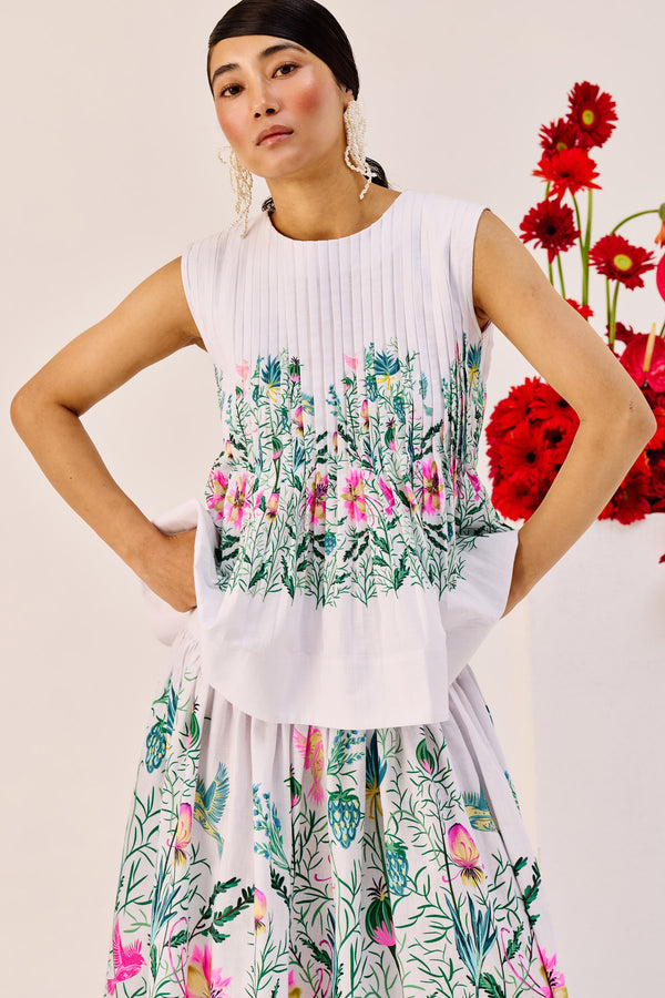 White Floral Print Cotton Peplum Top