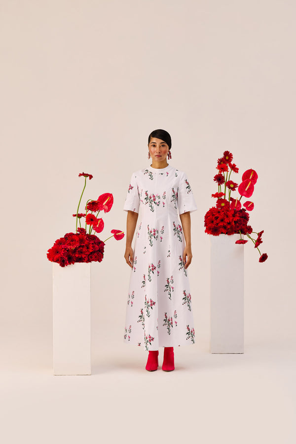 White Cotton Floral A-Line Midi Dress