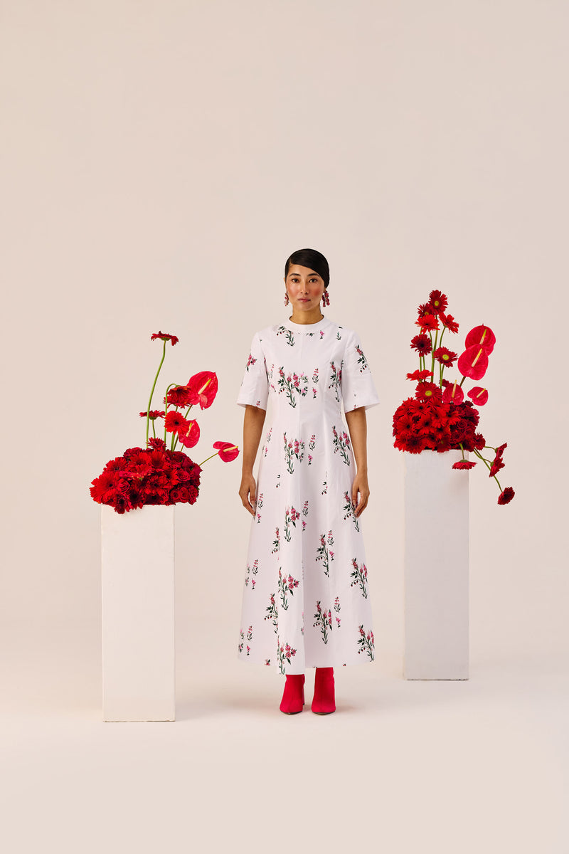 White Cotton Floral A-Line Midi Dress