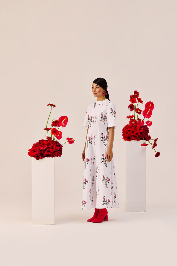 White Cotton Floral A-Line Midi Dress