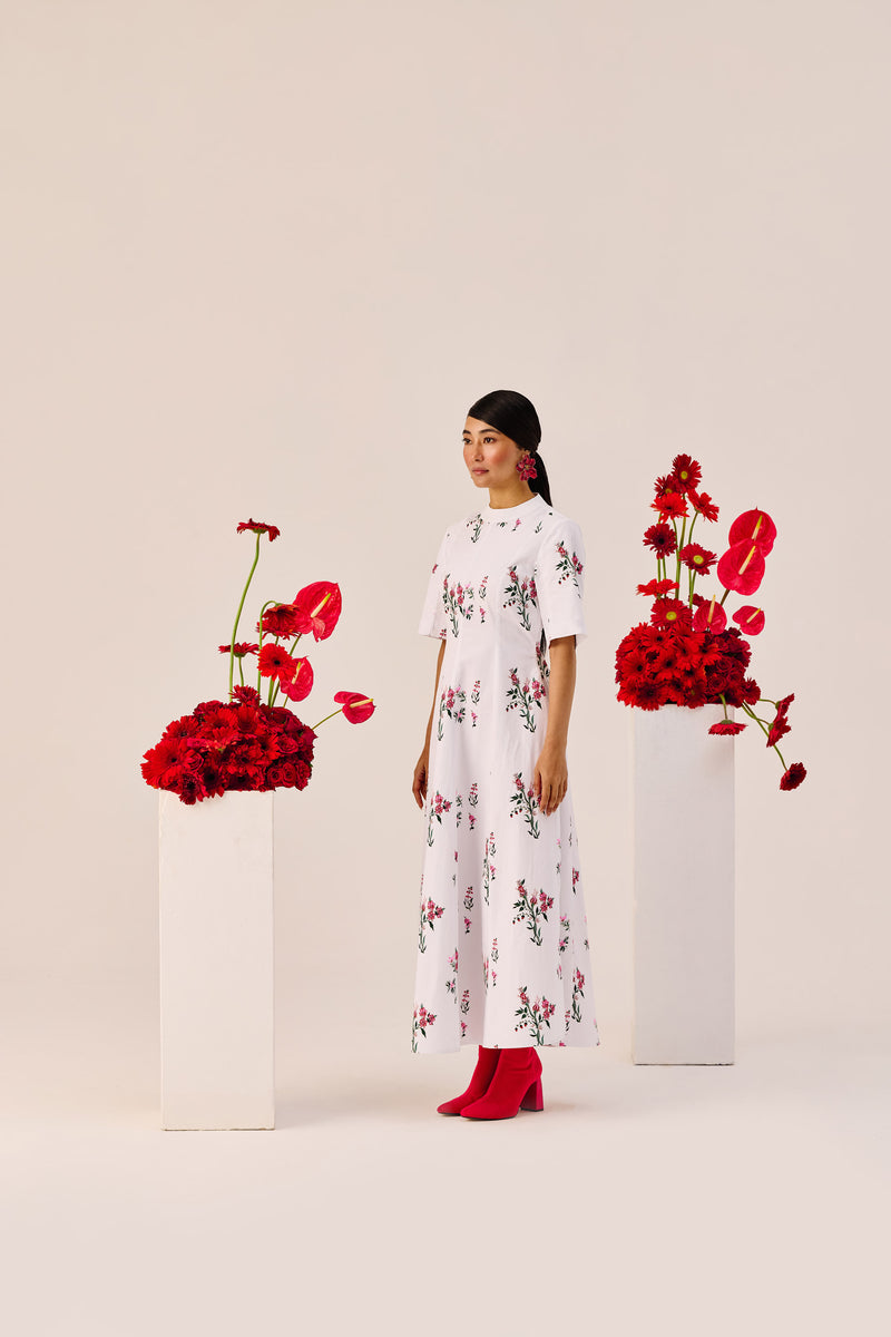White Cotton Floral A-Line Midi Dress