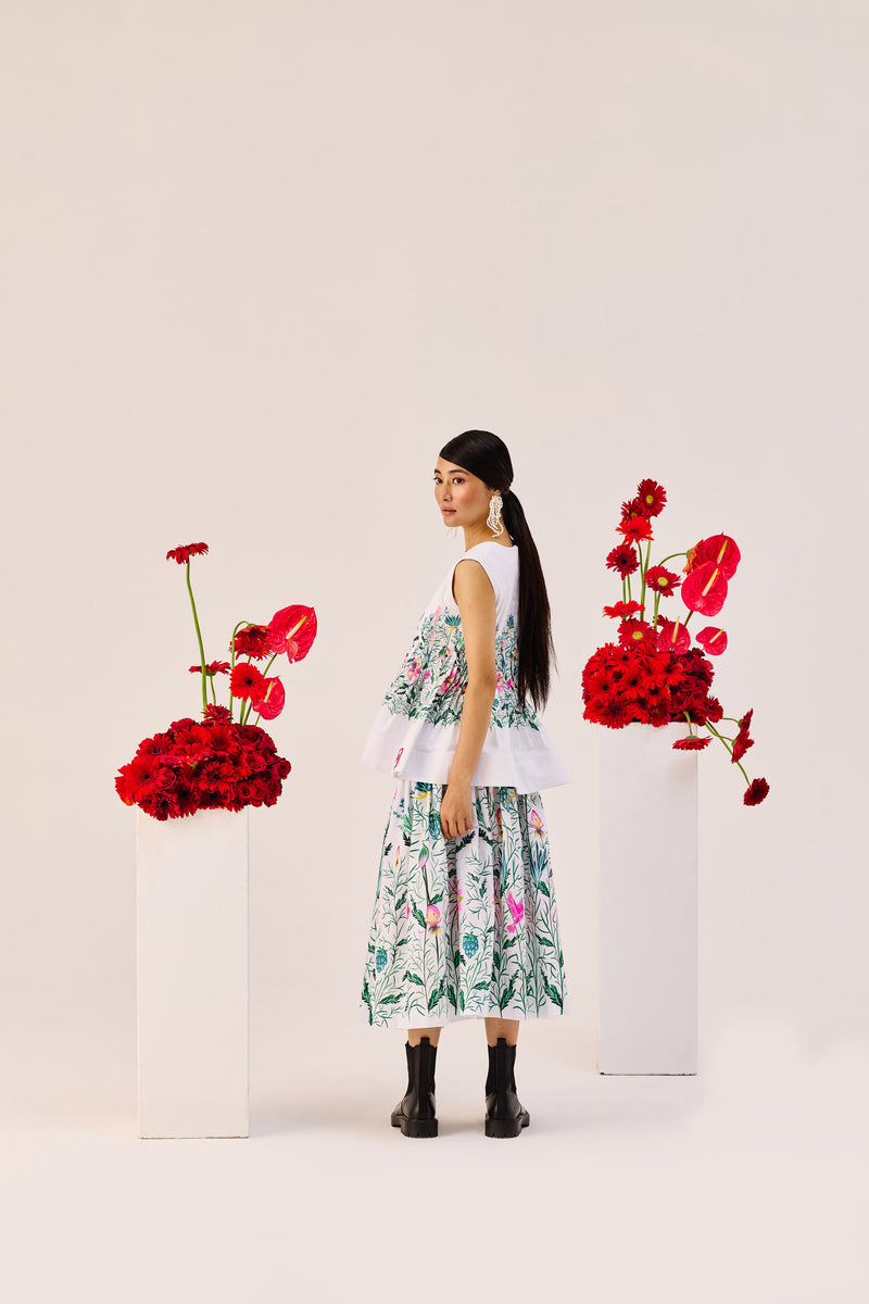 White Floral Print Cotton Peplum Top