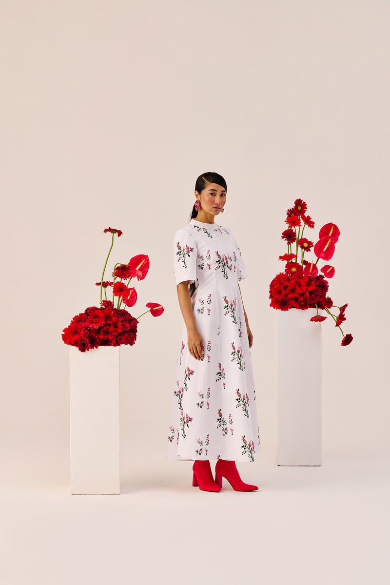 White Cotton Floral A-Line Midi Dress