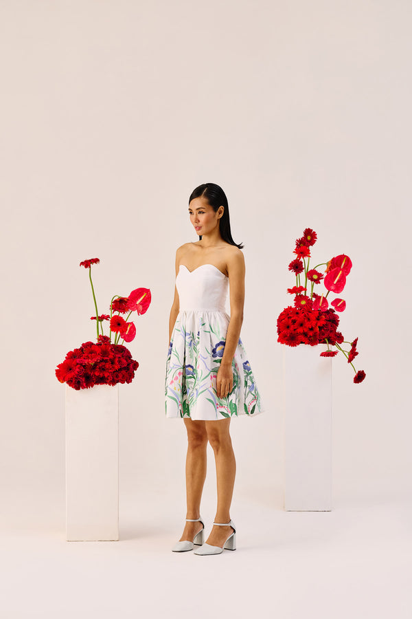 White Floral Linen Strapless Mini Dress