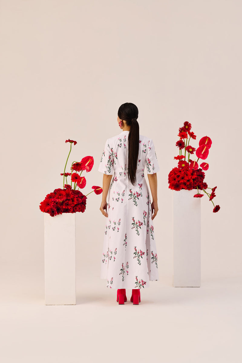 White Cotton Floral A-Line Midi Dress