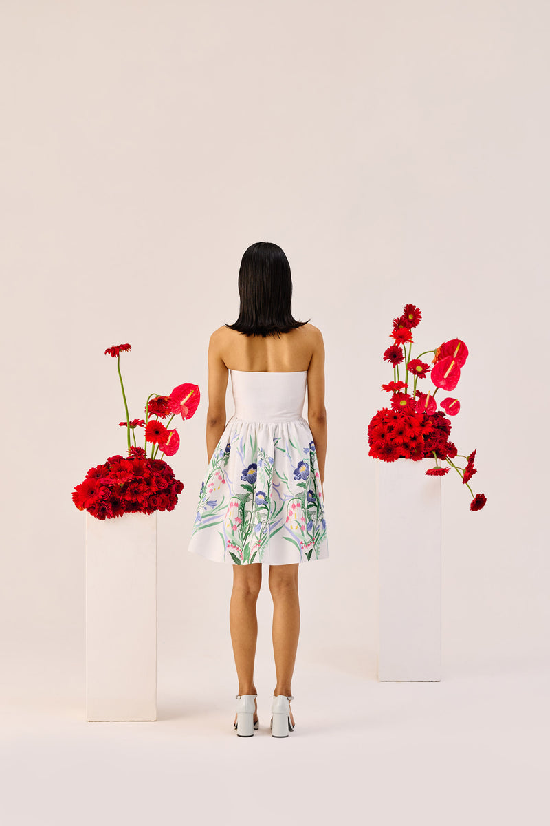 White Floral Linen Strapless Mini Dress