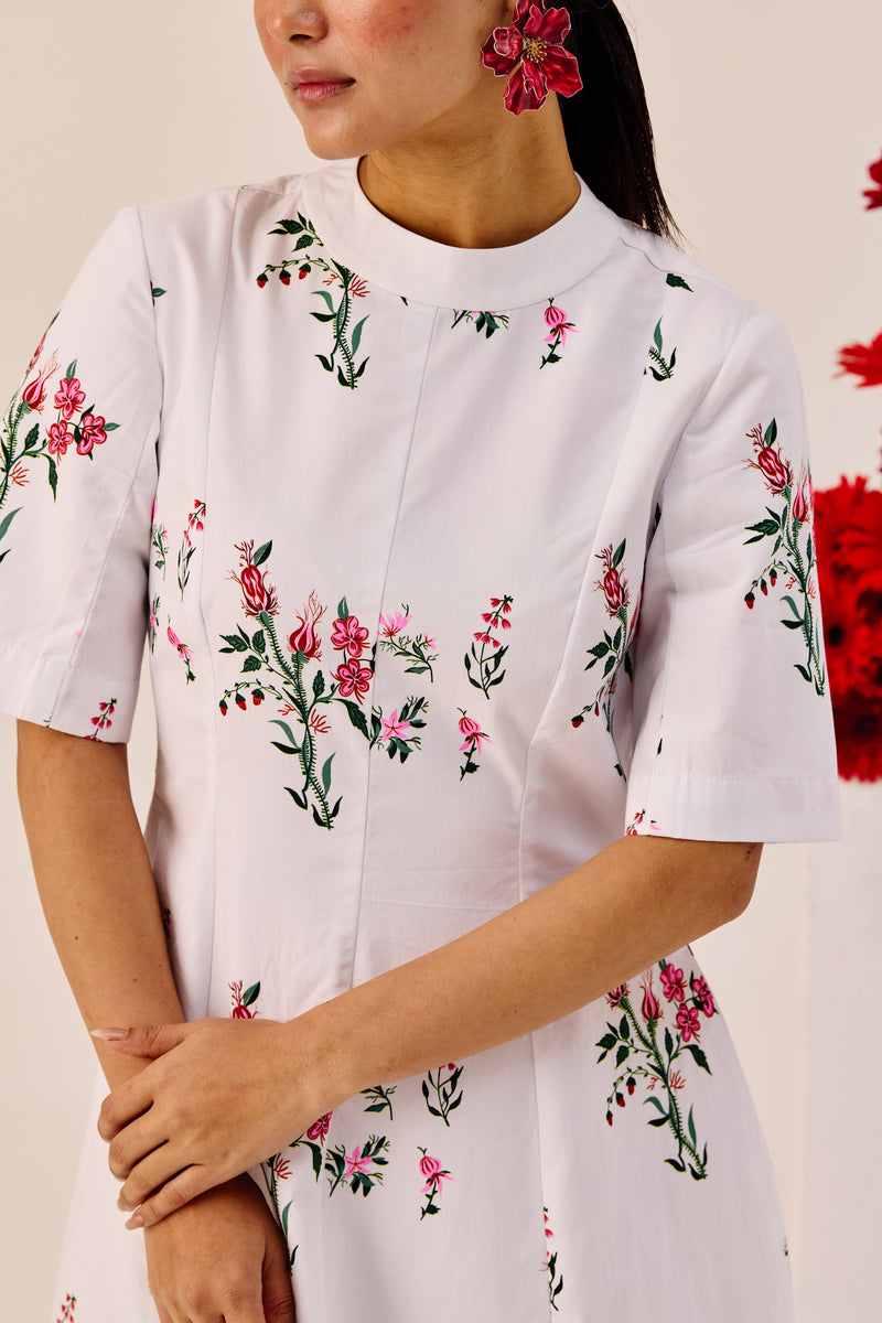 White Cotton Floral A-Line Midi Dress
