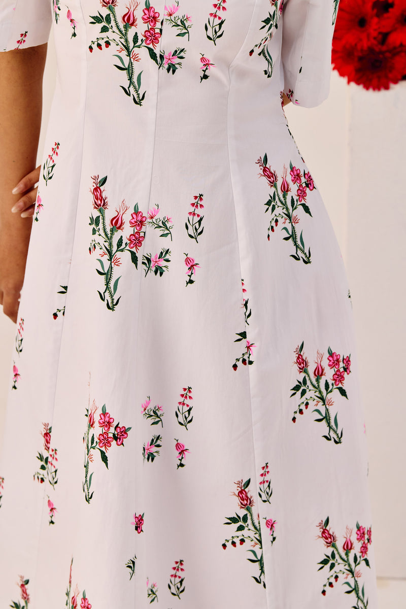 White Cotton Floral A-Line Midi Dress