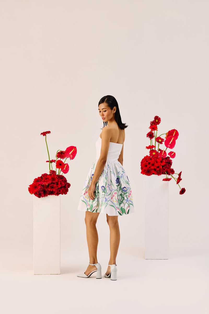 White Floral Linen Strapless Mini Dress