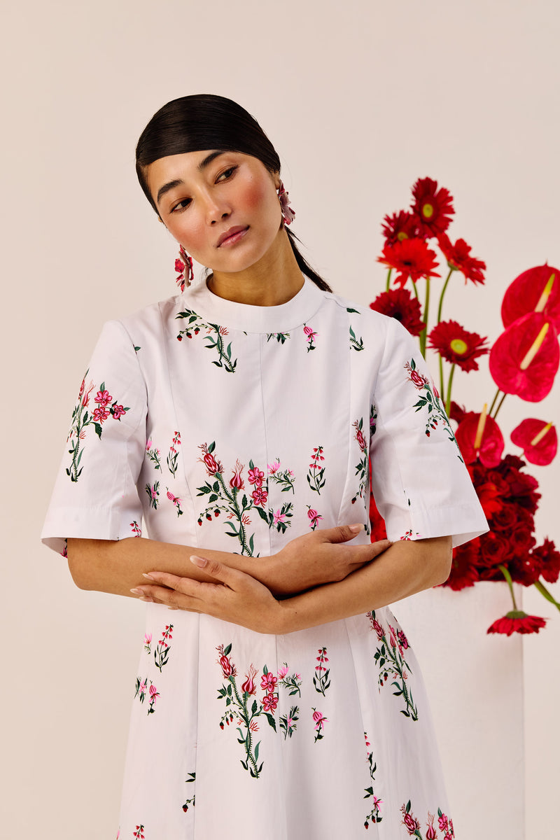 White Cotton Floral A-Line Midi Dress