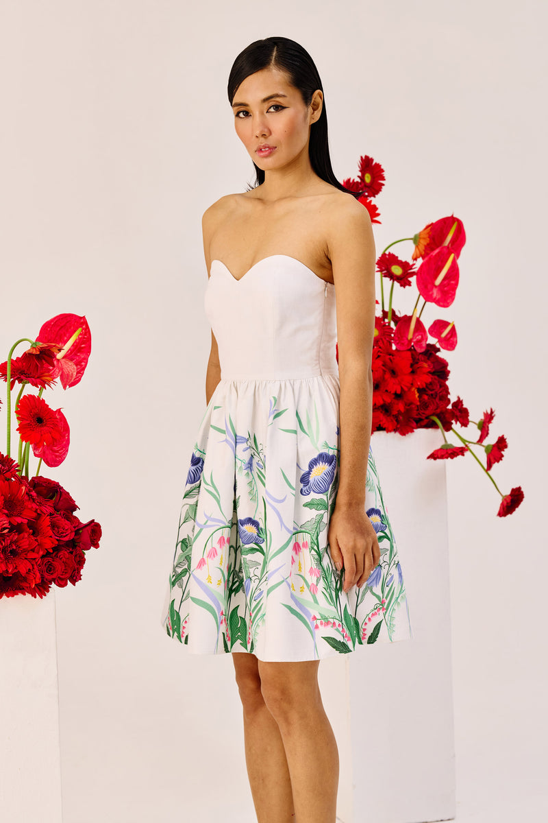 White Floral Linen Strapless Mini Dress