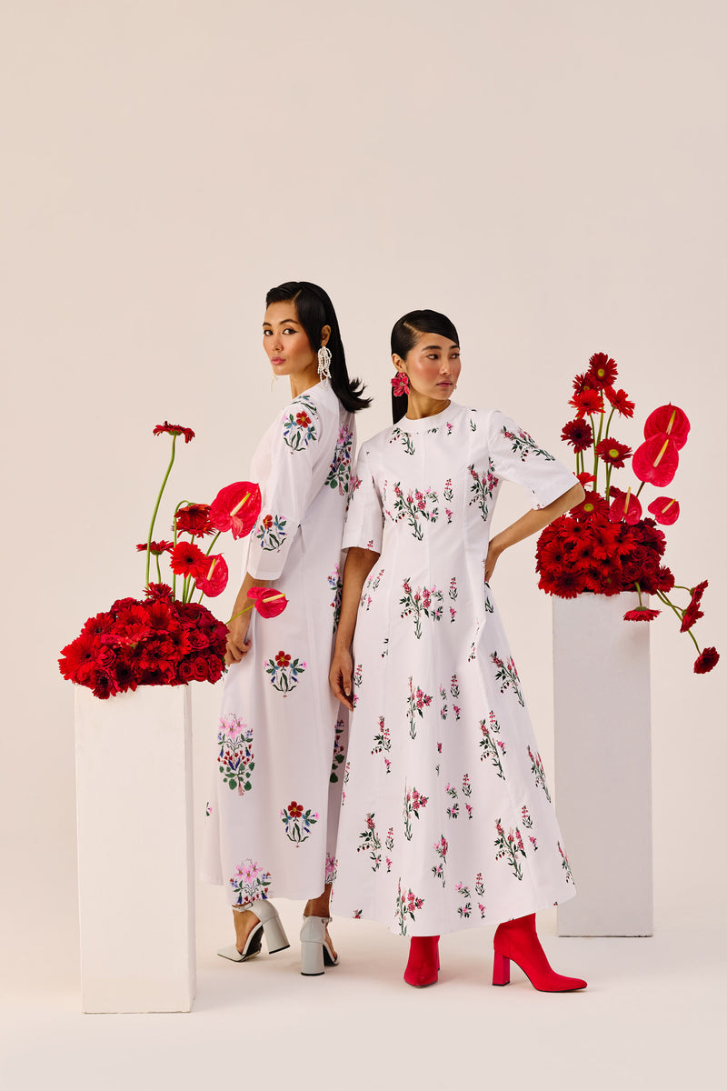 White Cotton Floral A-Line Midi Dress