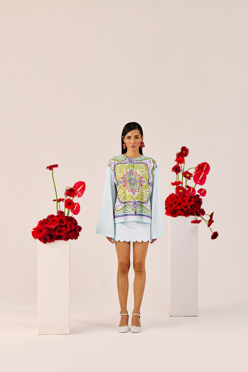 Printed Sky Blue Top with Flared Sleeves