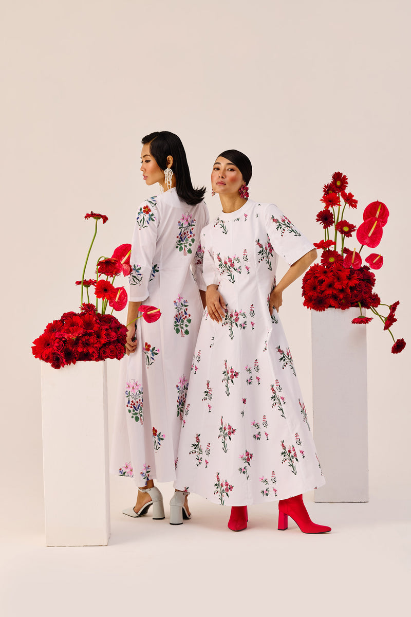 White Cotton Floral A-Line Midi Dress