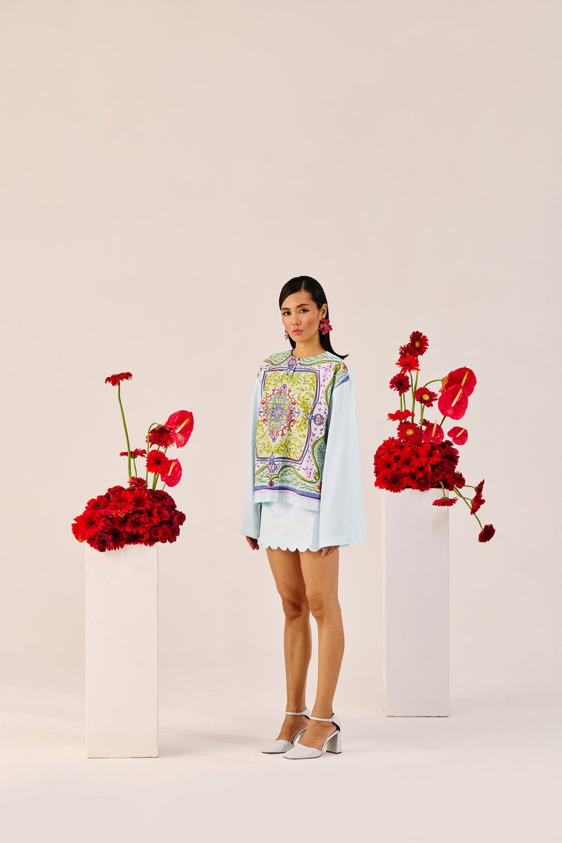 Printed Sky Blue Top with Flared Sleeves