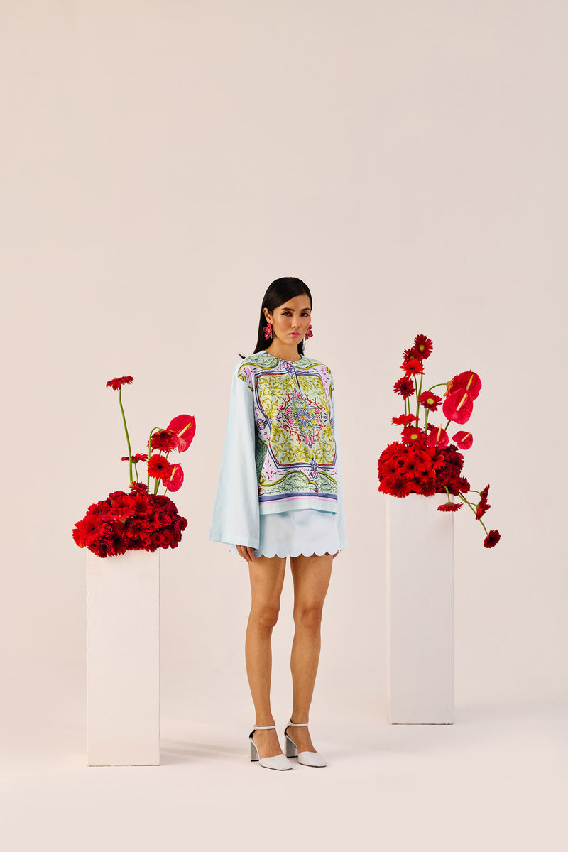 Printed Sky Blue Top with Flared Sleeves