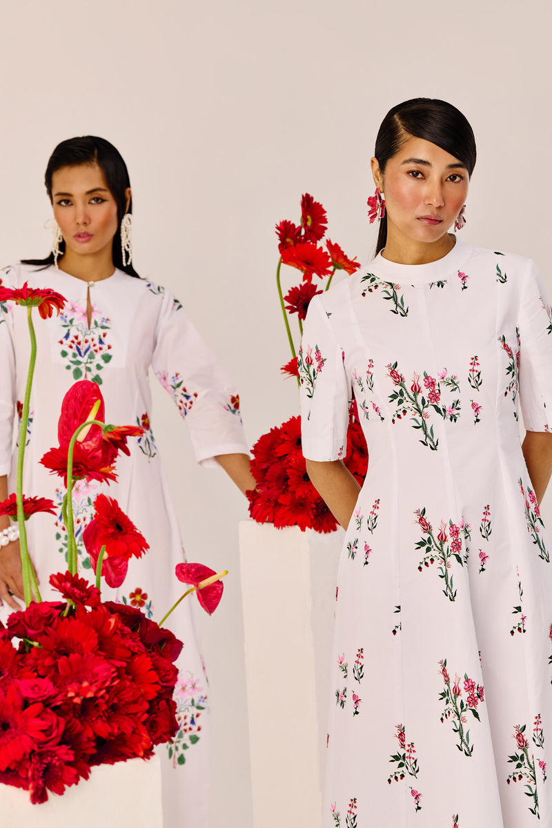 White Cotton Floral A-Line Midi Dress