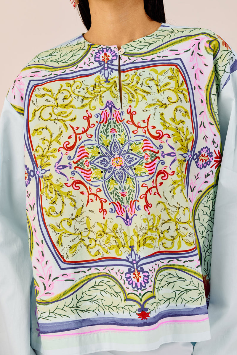 Printed Sky Blue Top with Flared Sleeves