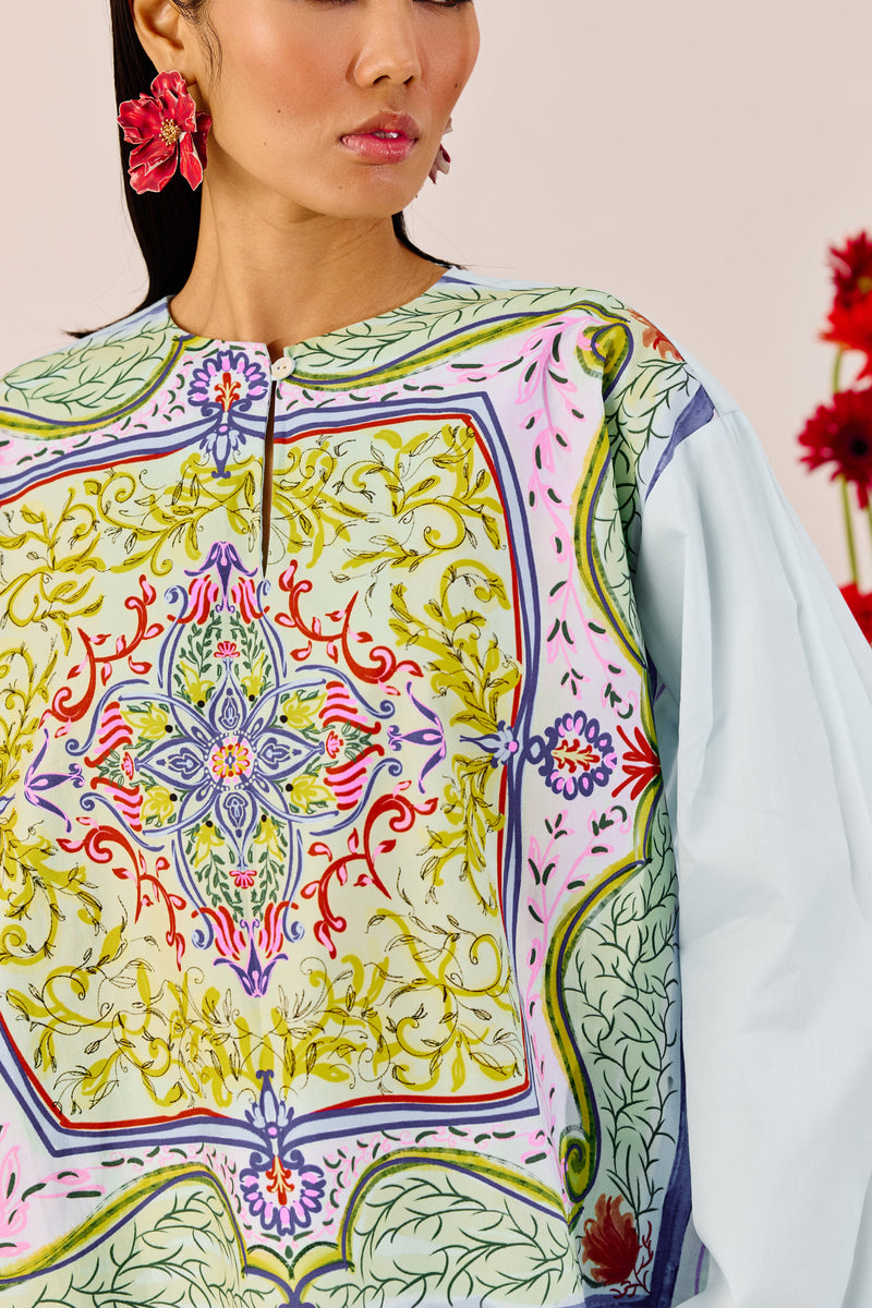 Printed Sky Blue Top with Flared Sleeves