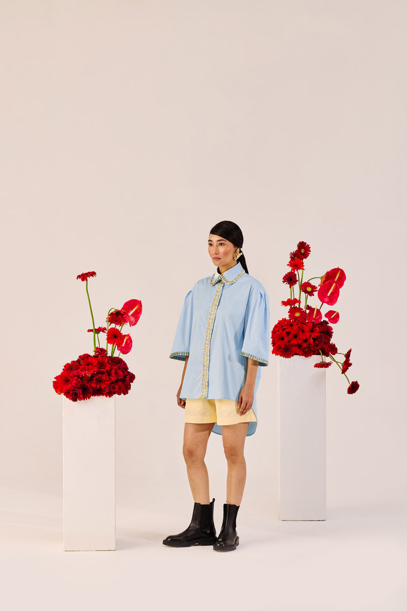 Powder Blue Embellished Oversized Shirt