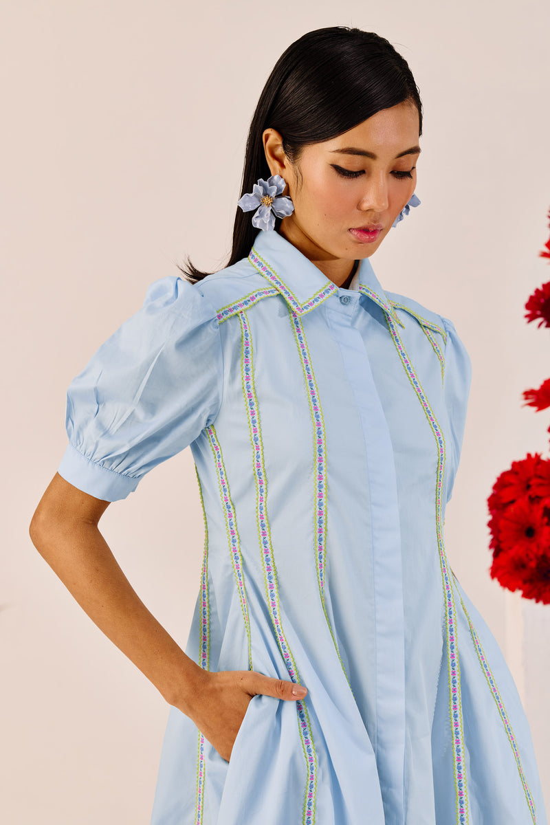 Powder Blue Puff-Sleeve A-Line Dress