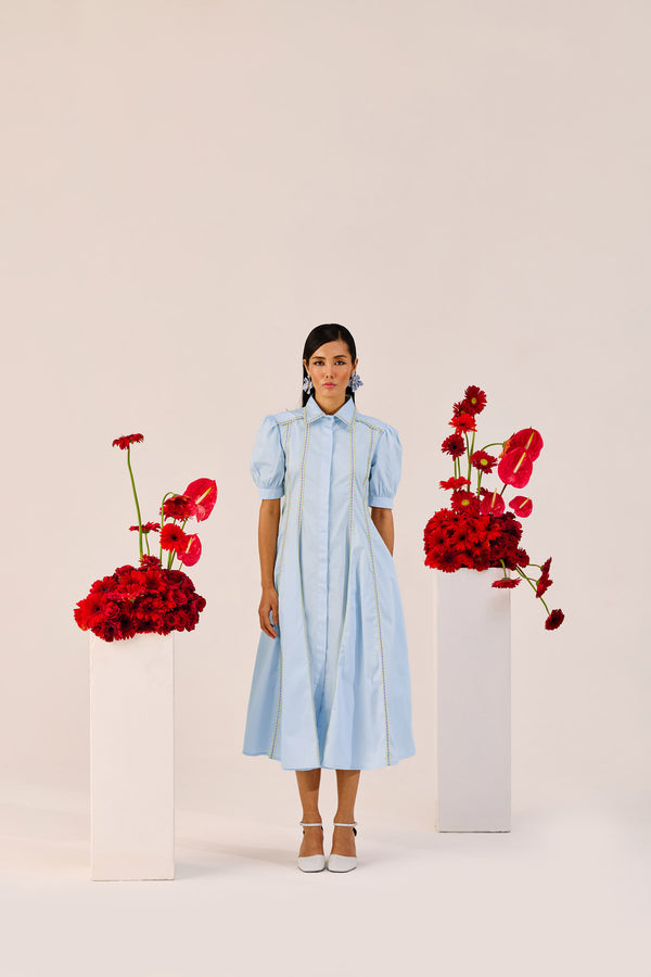 Powder Blue Puff-Sleeve A-Line Dress