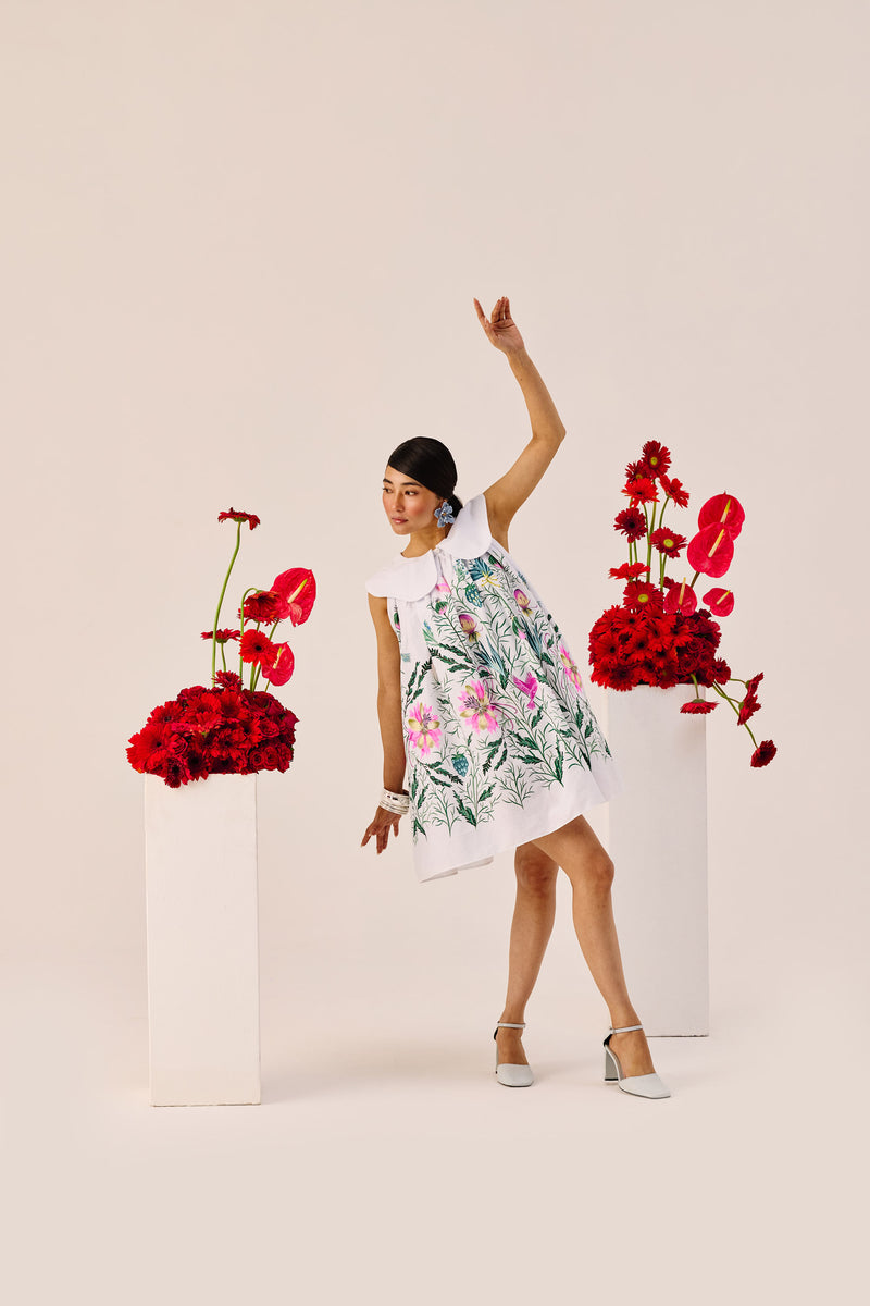 White Printed Peter Pan Collar Mini Dress